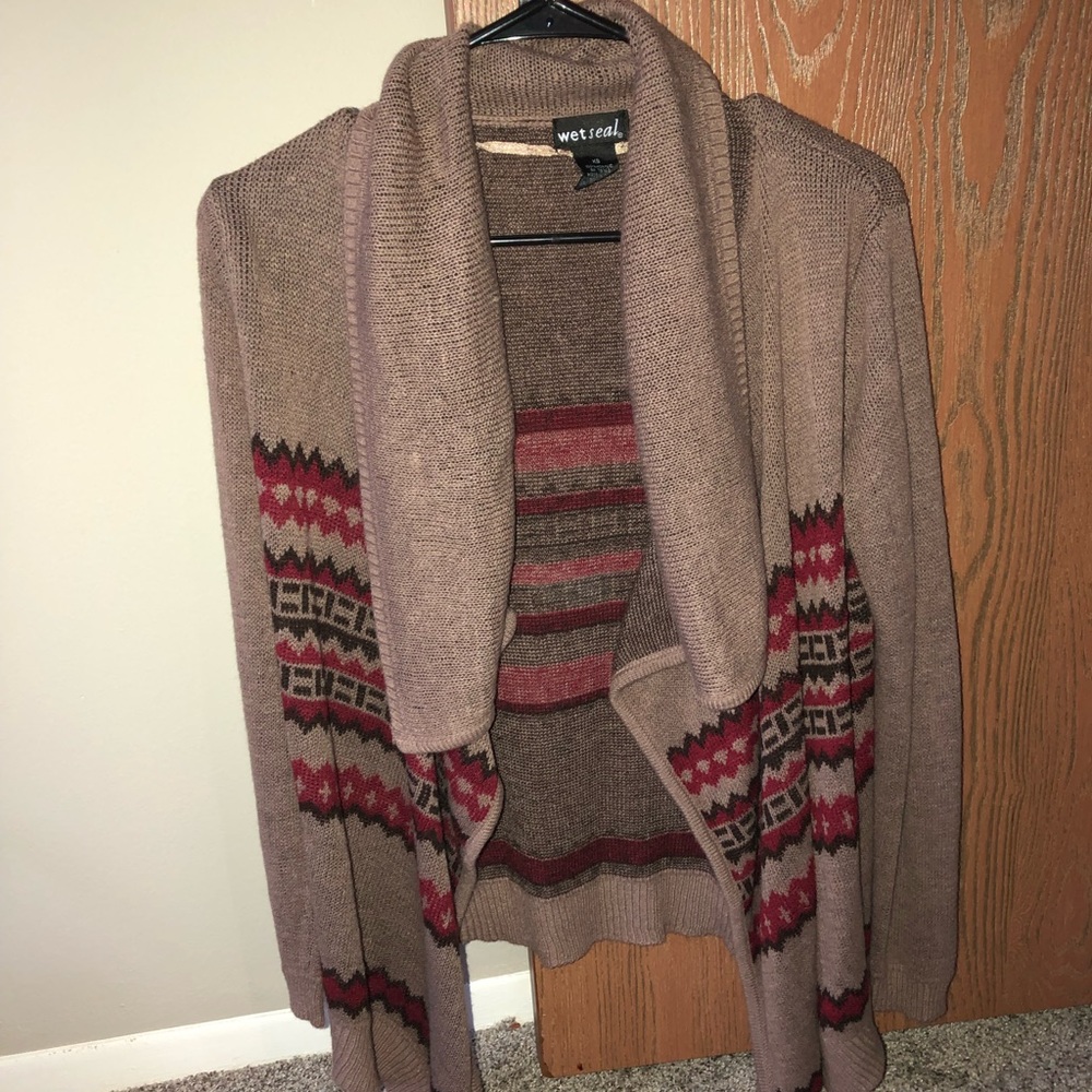 Brown and red cardigan sweater